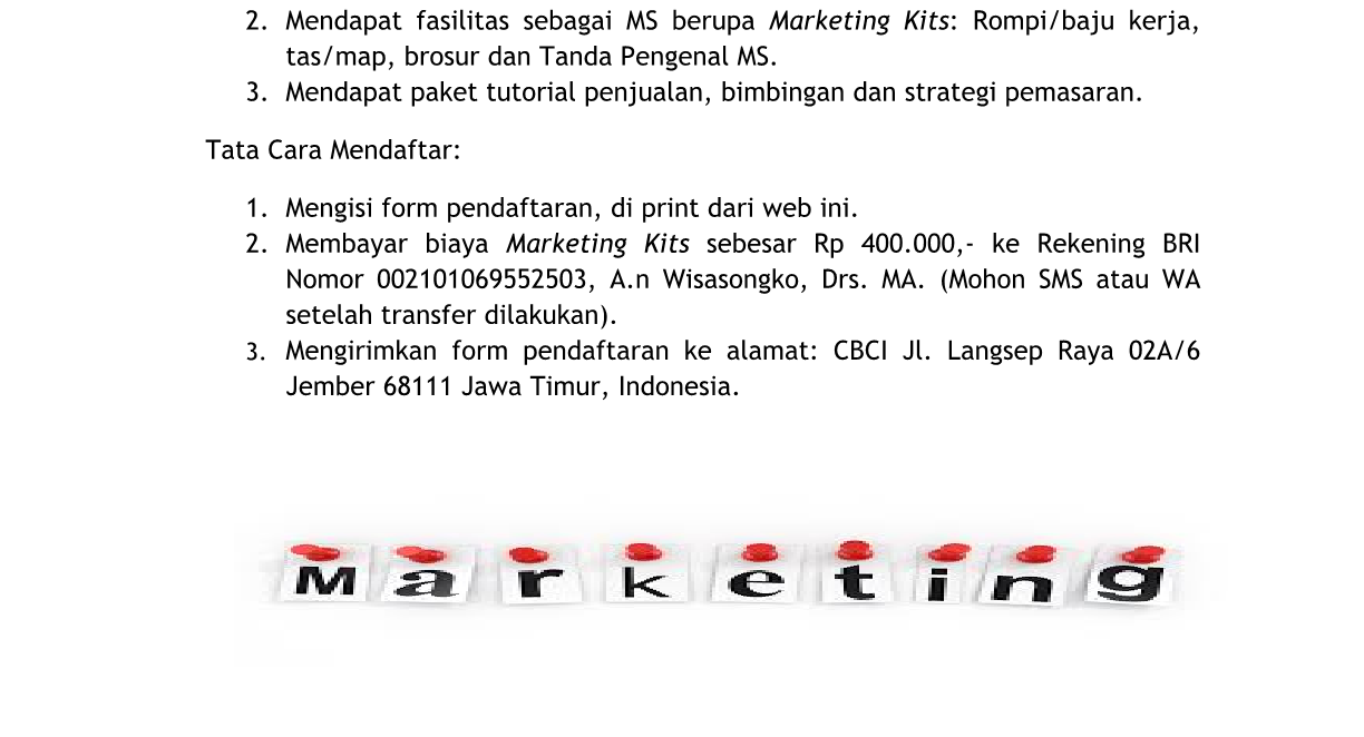 PELUANG MENJADI MARKETING STAFF CBCI